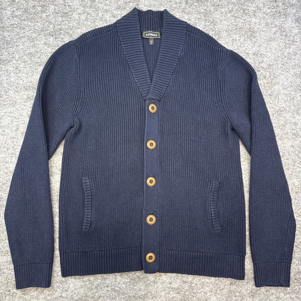 Express cardigan sweater men's large navy blue cotton knit v-neck shawl pockets